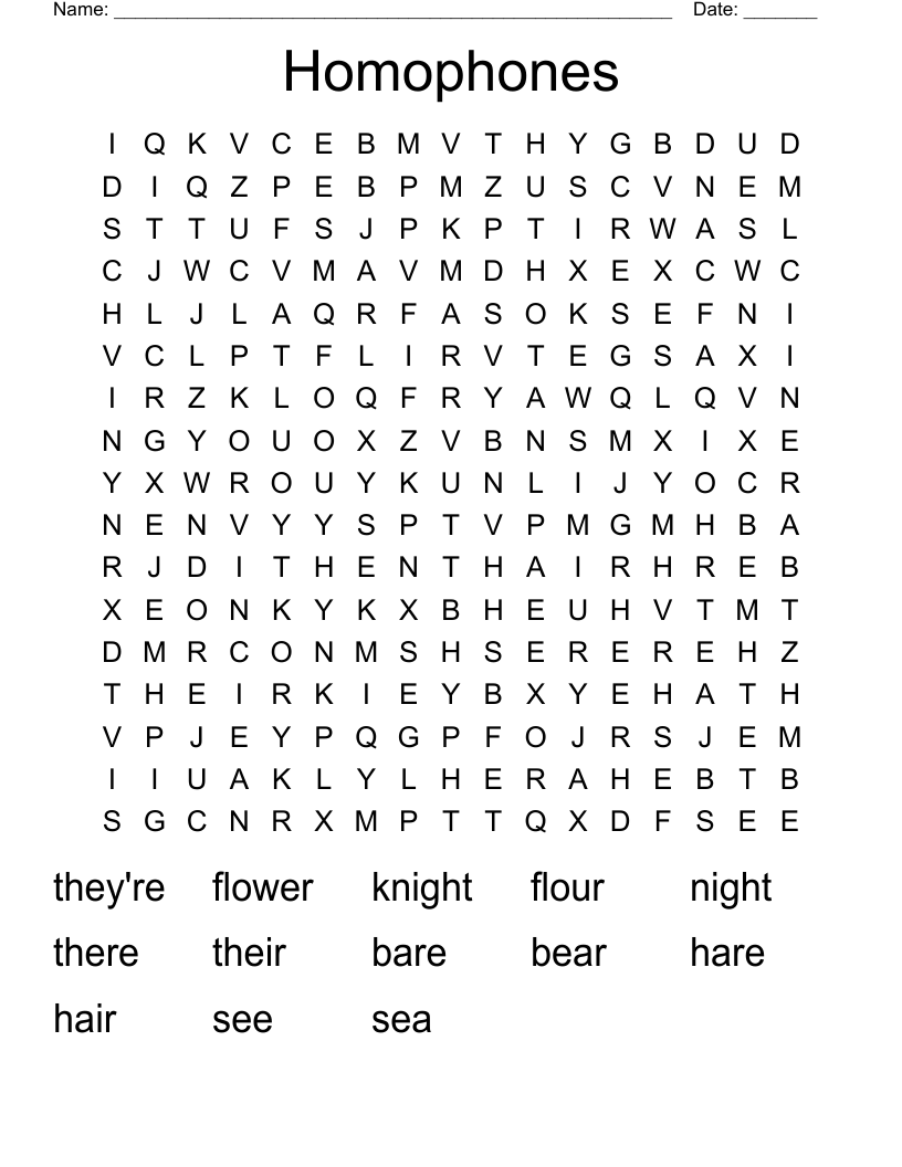 Homophones  Word Search
