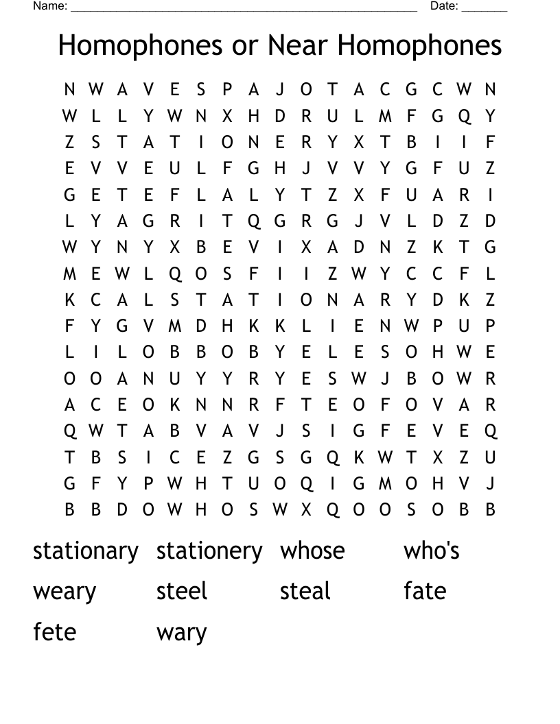 Homophones or Near Homophones Word Search