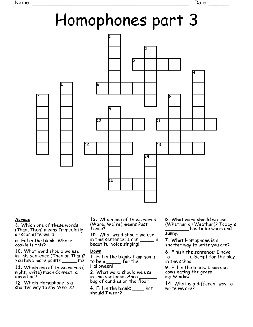 Homophones part 3 Crossword