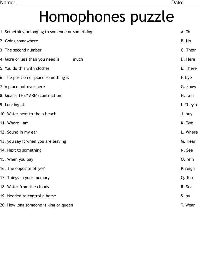 Homophones puzzle Worksheet