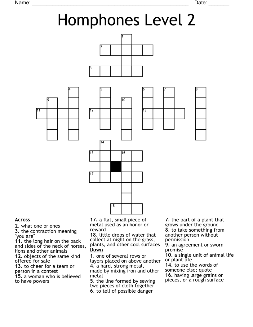 Homphones Level 2 Crossword
