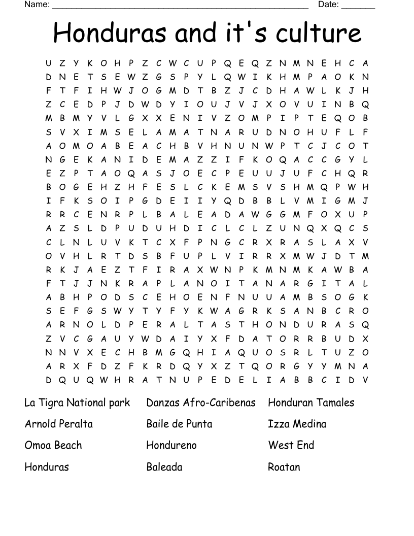 Honduras and it's culture Word Search