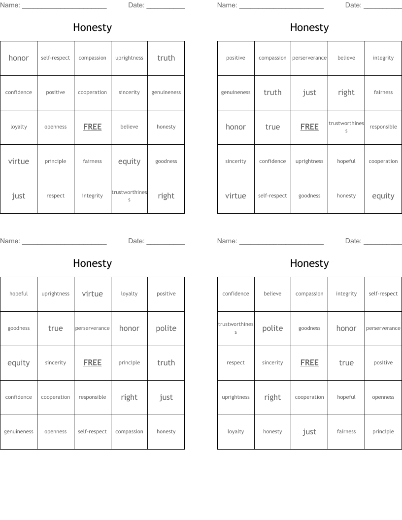 Honesty Bingo Cards
