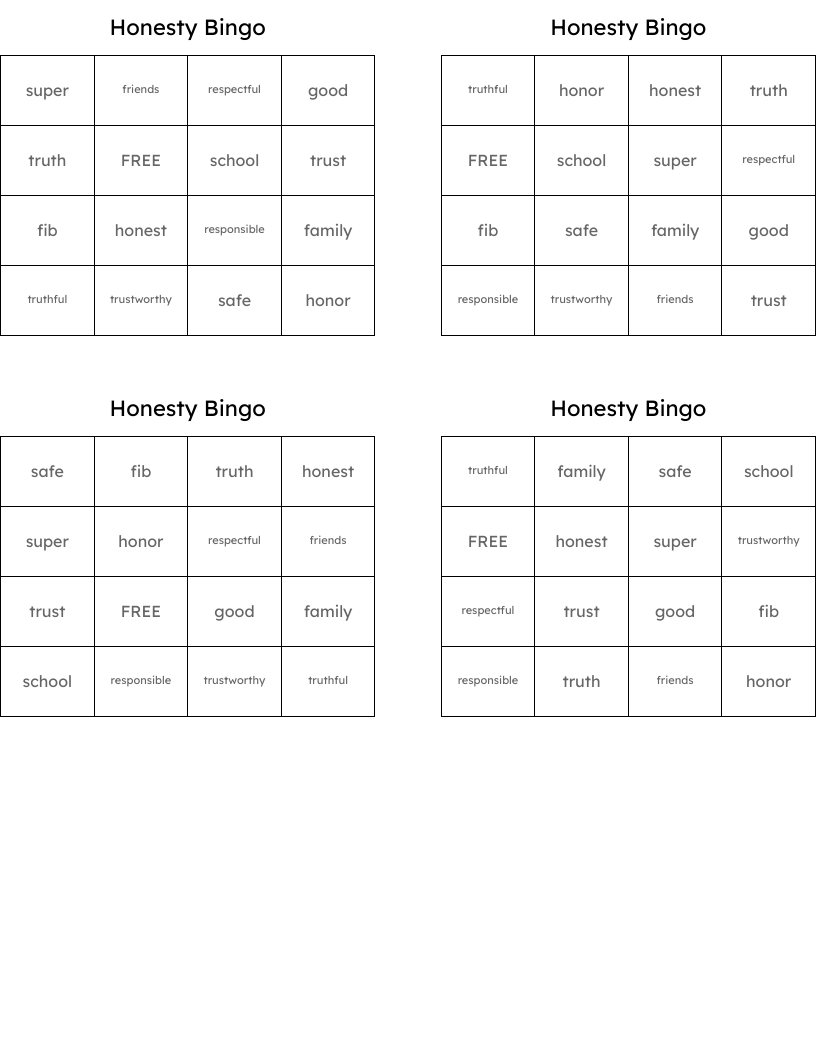 Honesty Bingo