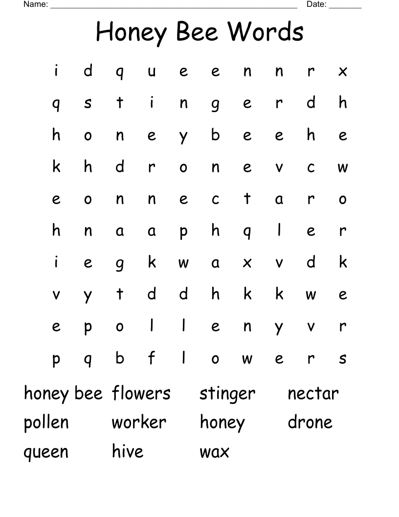 Honey Bee Words Word Search