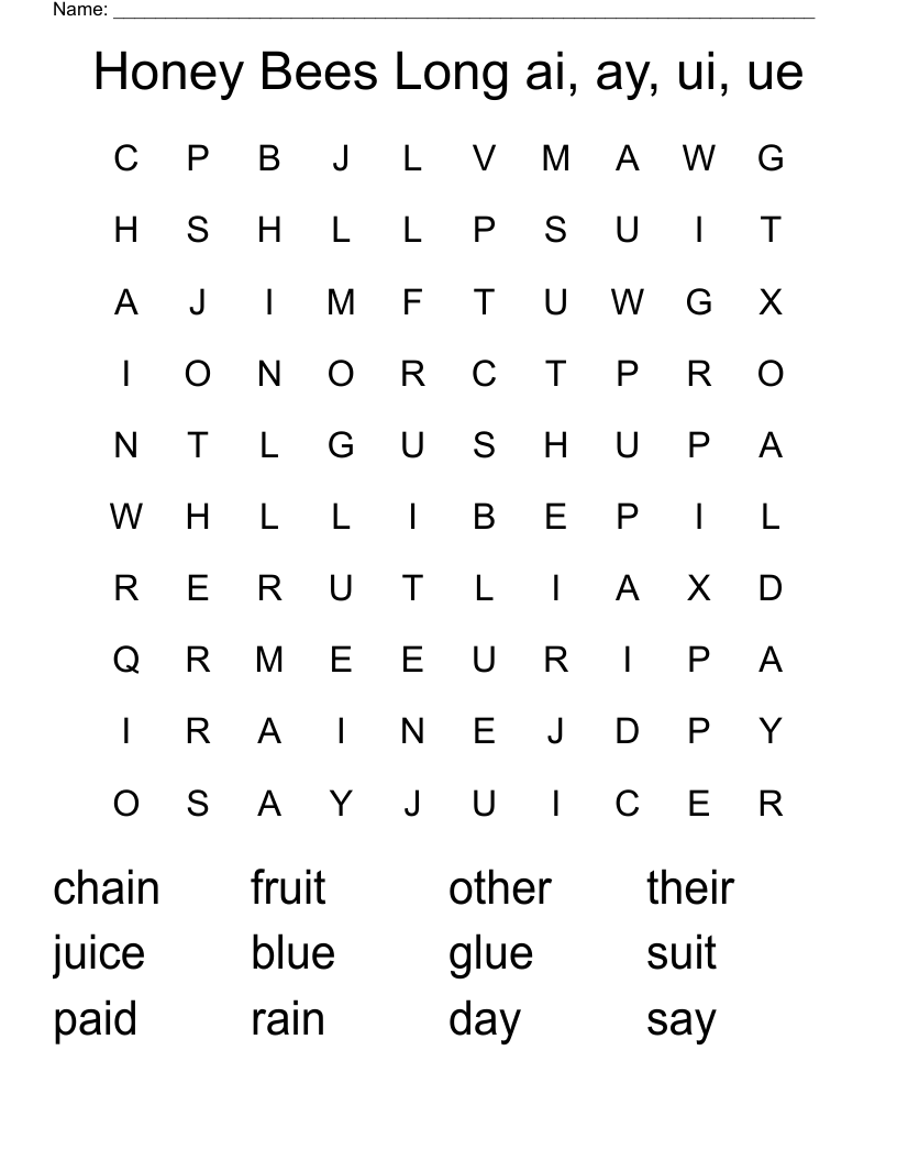Honey Bees Long ai, ay, ui, ue Word Search