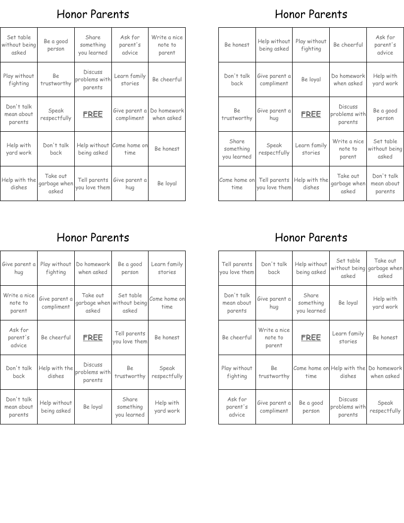 Honor Parents Bingo Cards