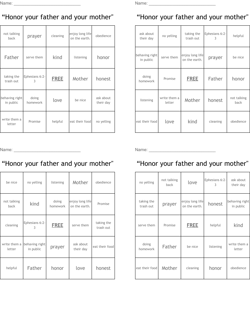 “Honor your father and your mother" Bingo Cards