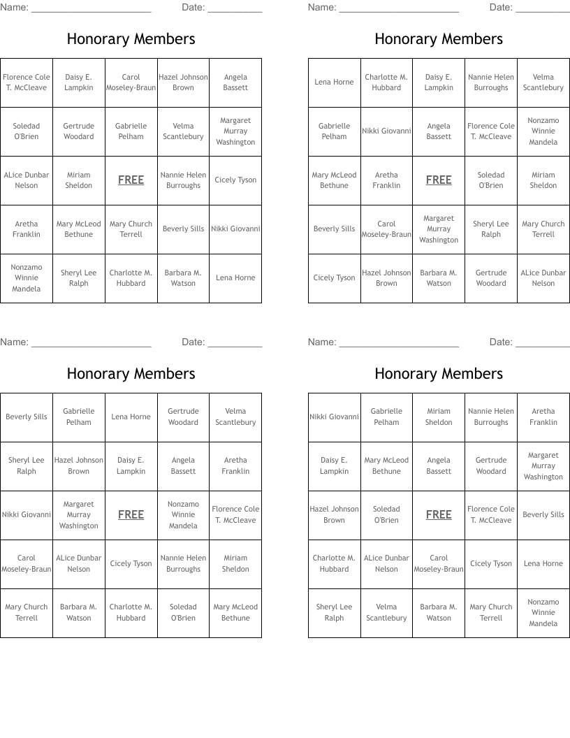 Honorary Members Bingo Cards