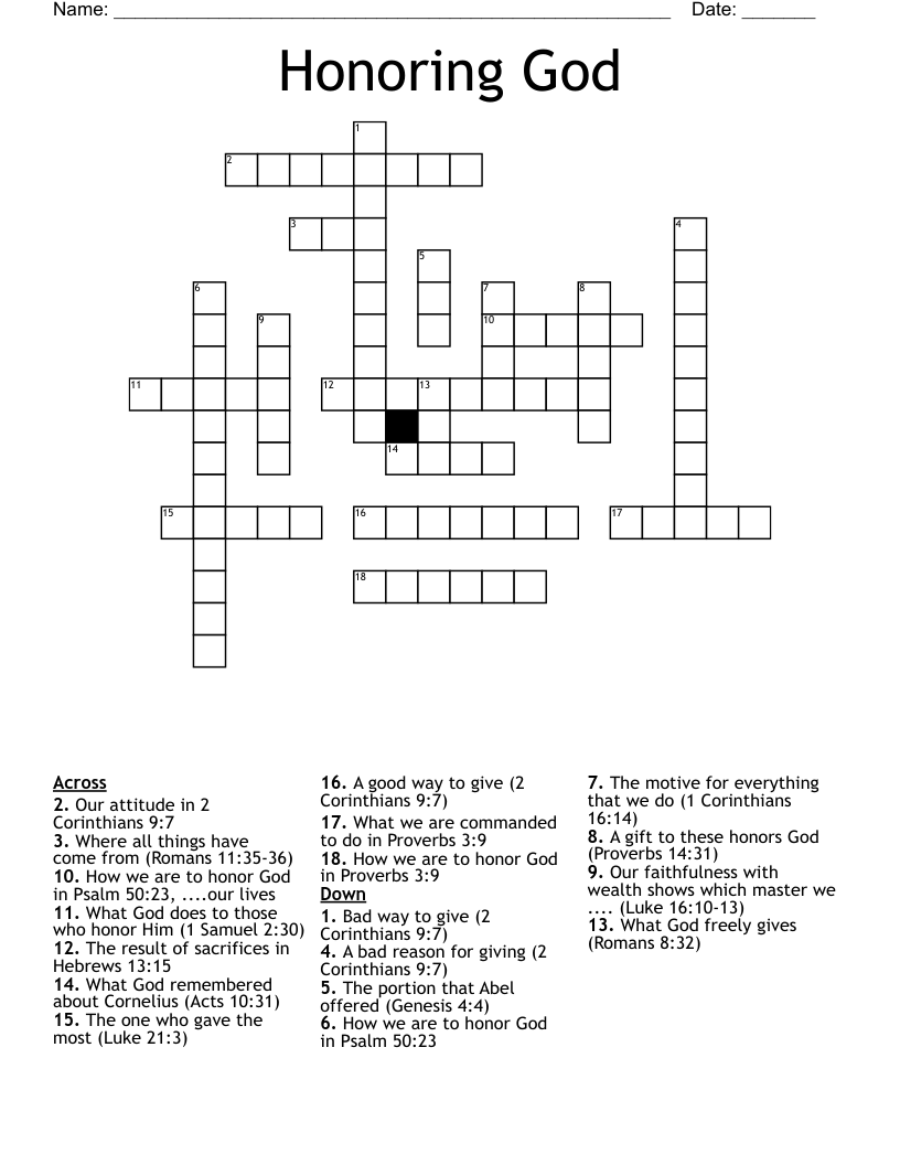 Honoring God Crossword