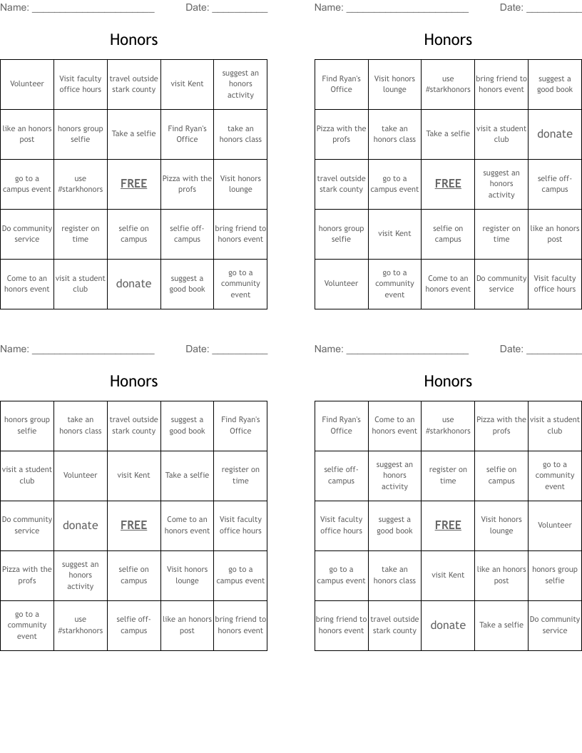 Honors Bingo Cards