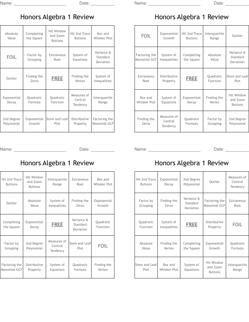 Honors Algebra 1 Review Bingo Cards