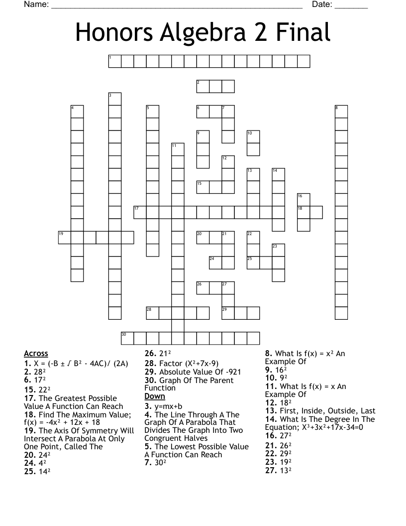 Honors Algebra 2 Final Crossword