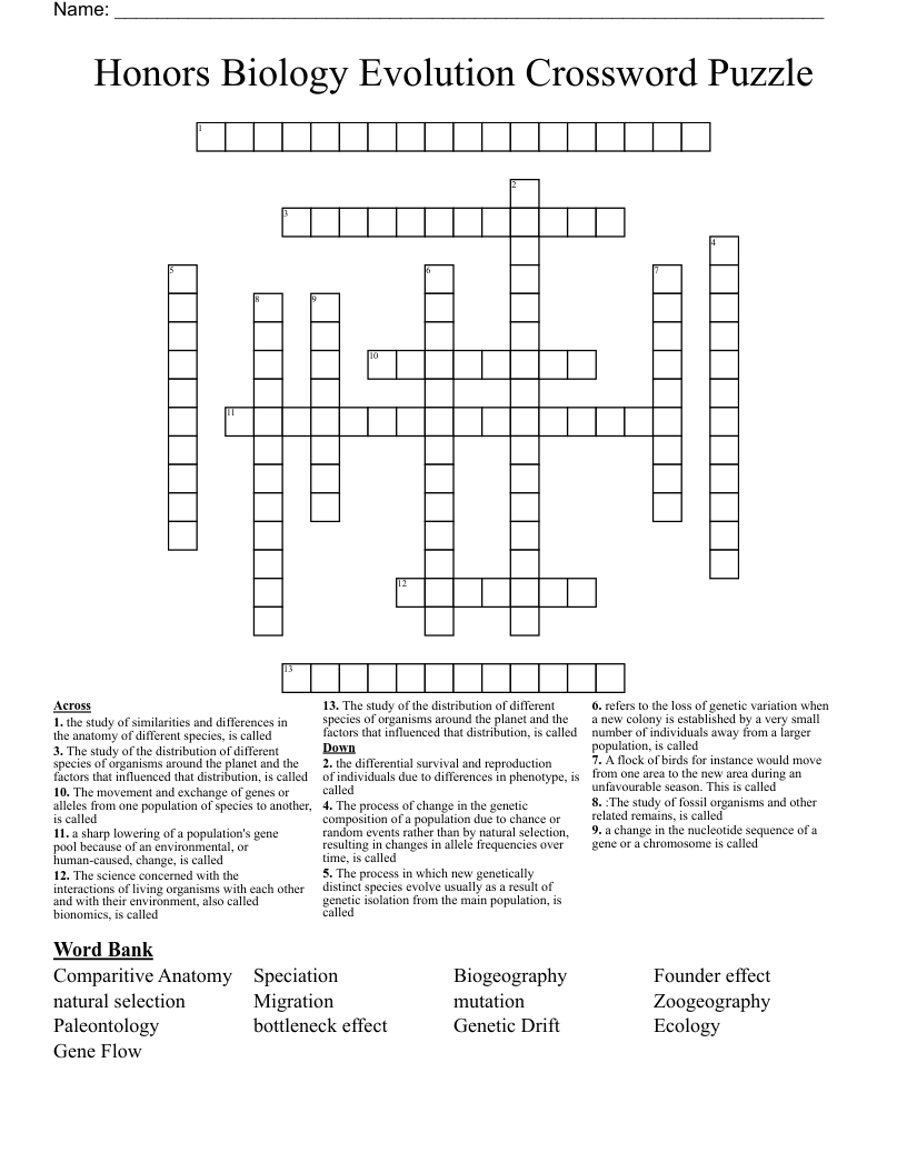 Honors Biology Evolution Crossword Puzzle