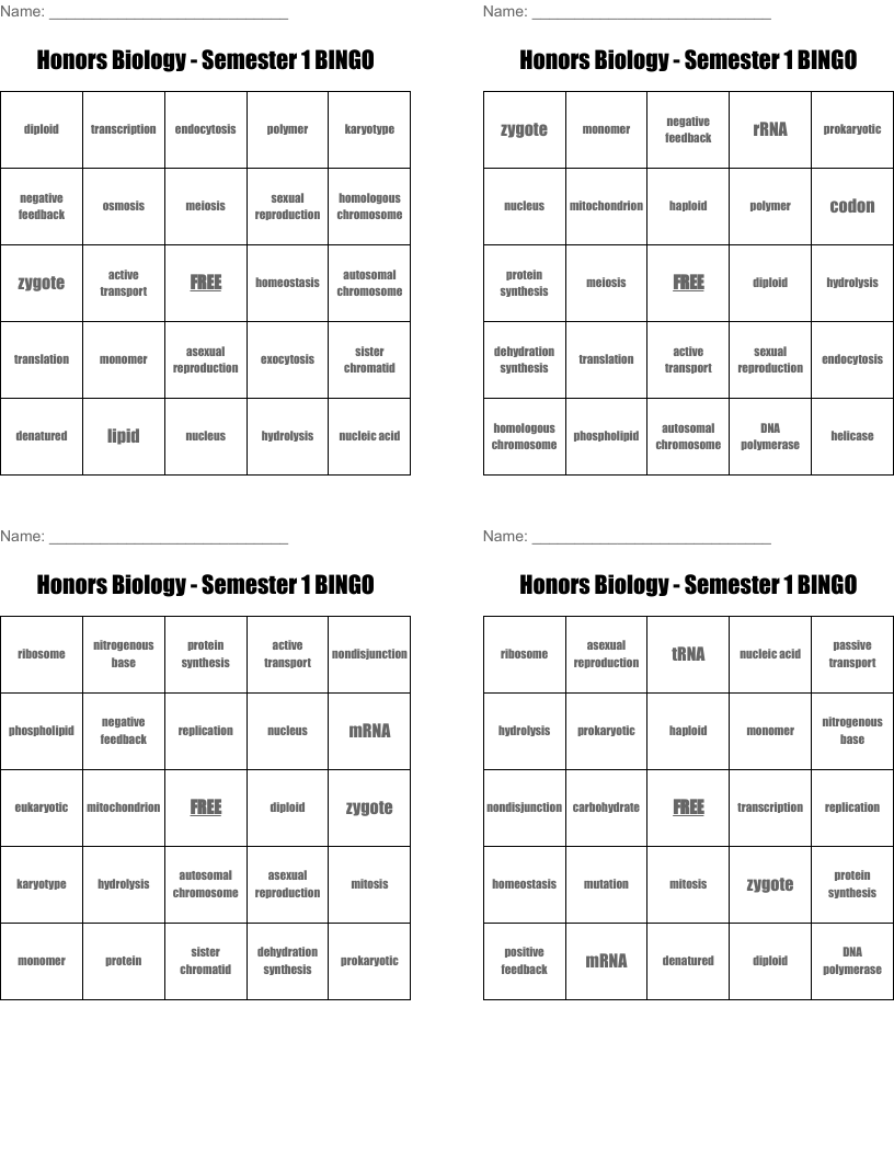 Honors Biology - Semester 1 BINGO