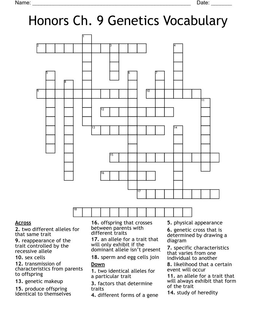Honors Ch. 9 Genetics Vocabulary  Crossword