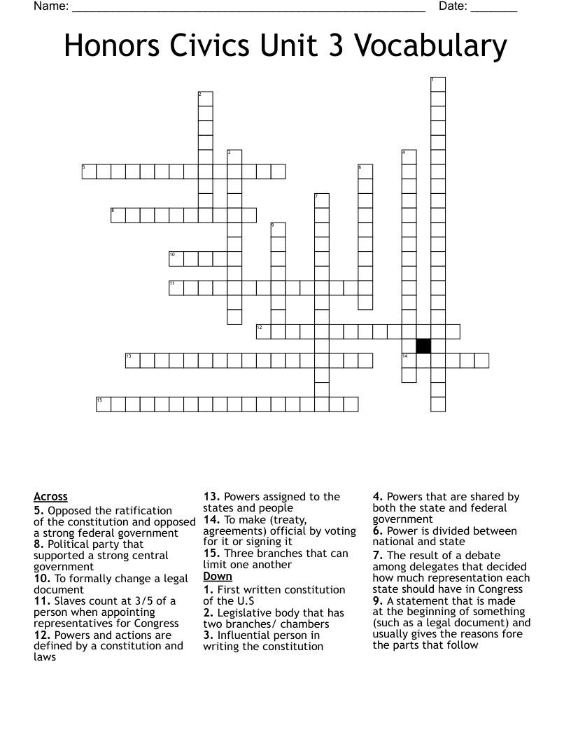 Honors Civics Unit 3 Vocabulary  Crossword