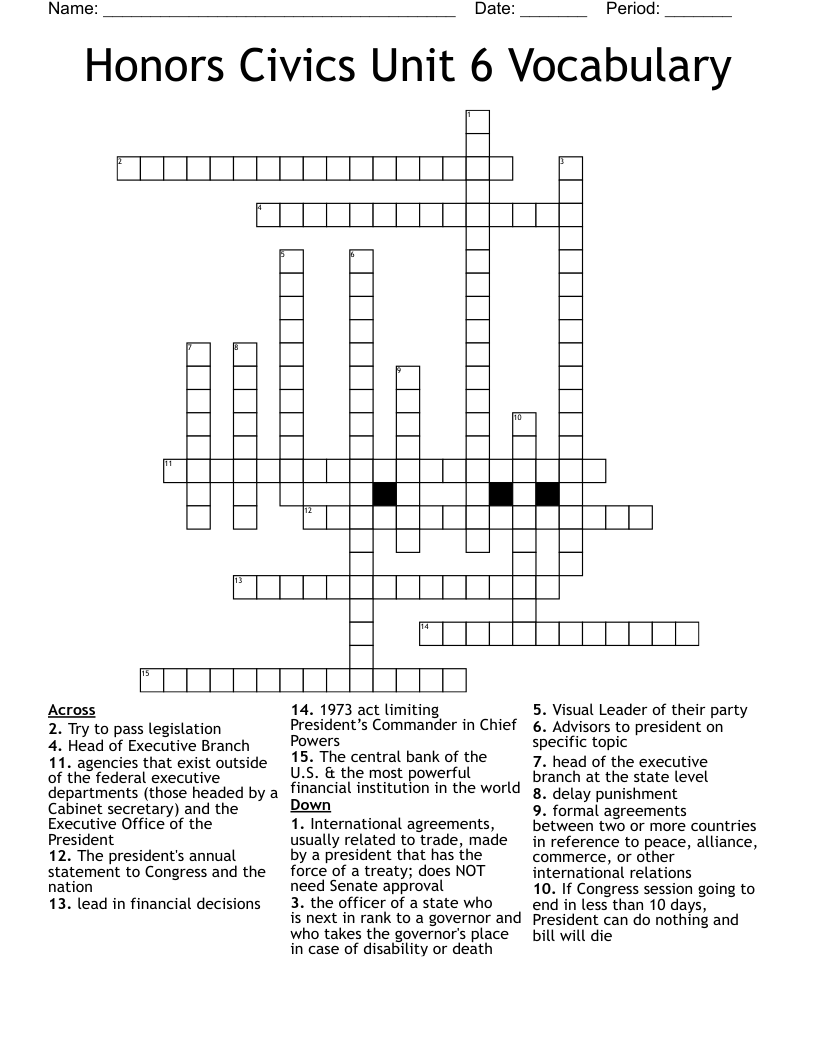 Honors Civics Unit 6 Vocabulary Crossword