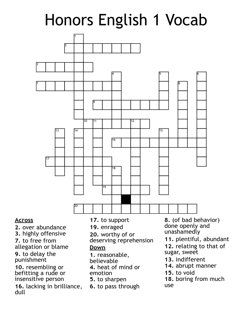 Honors English 1 Vocab Crossword