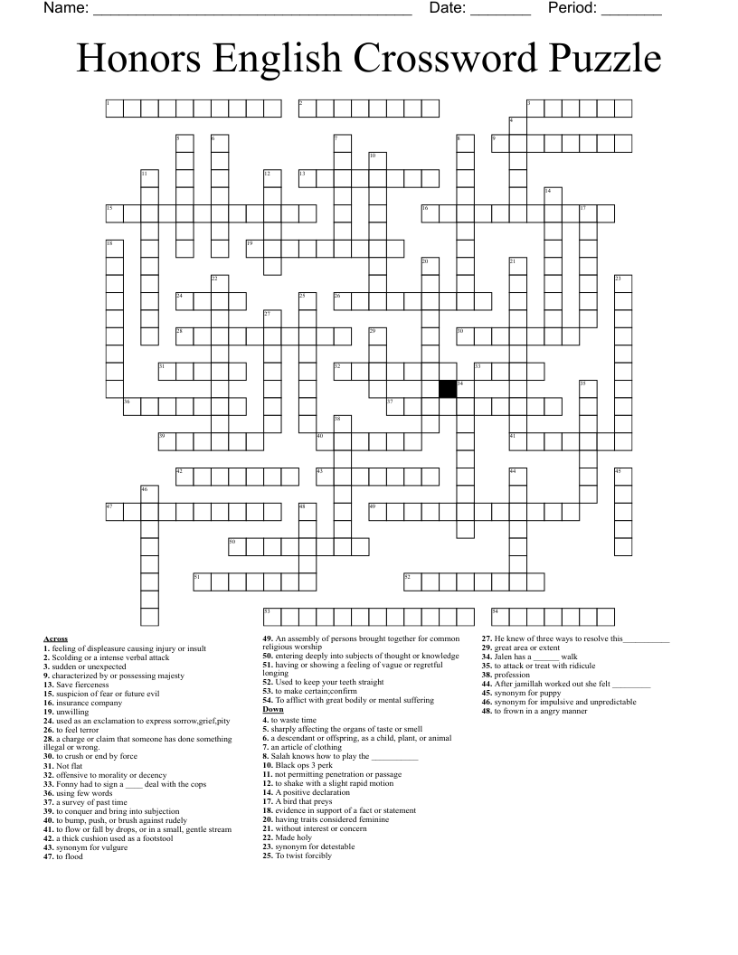 Honors English Crossword Puzzle