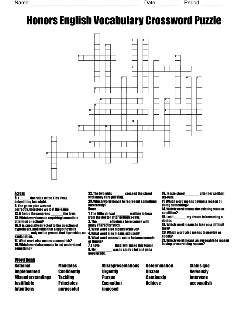 Honors English Vocabulary Crossword Puzzle 