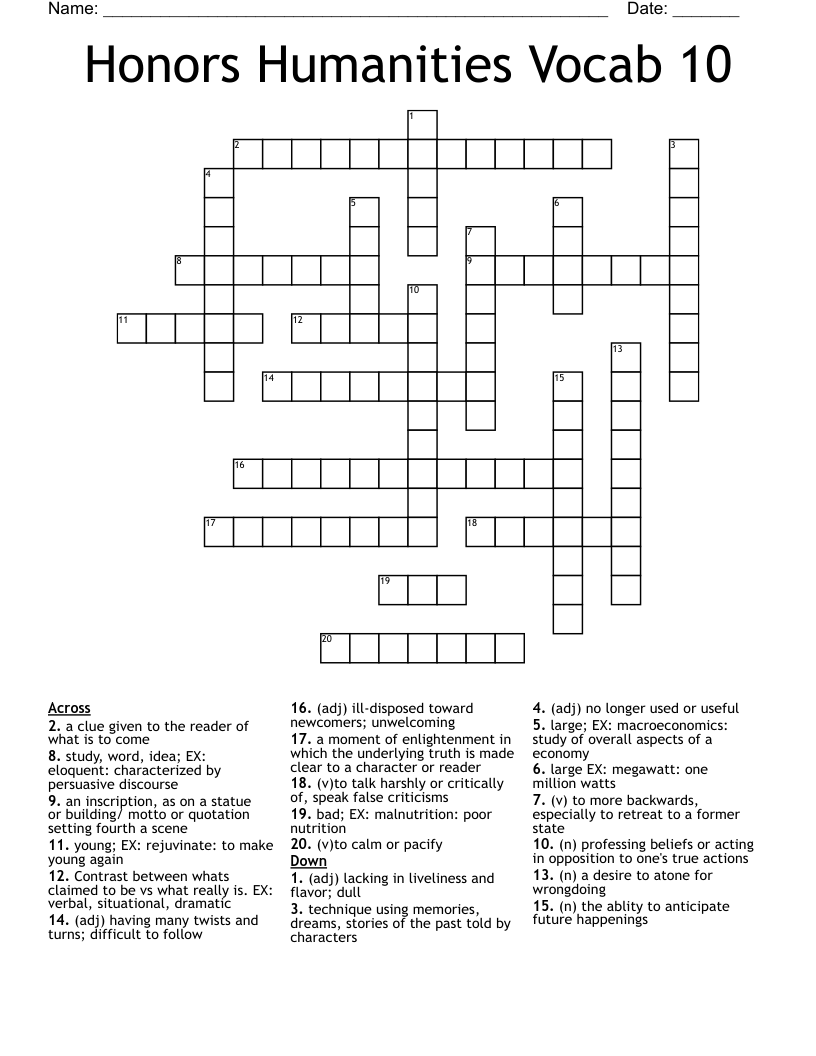 Honors Humanities Vocab 10 Crossword