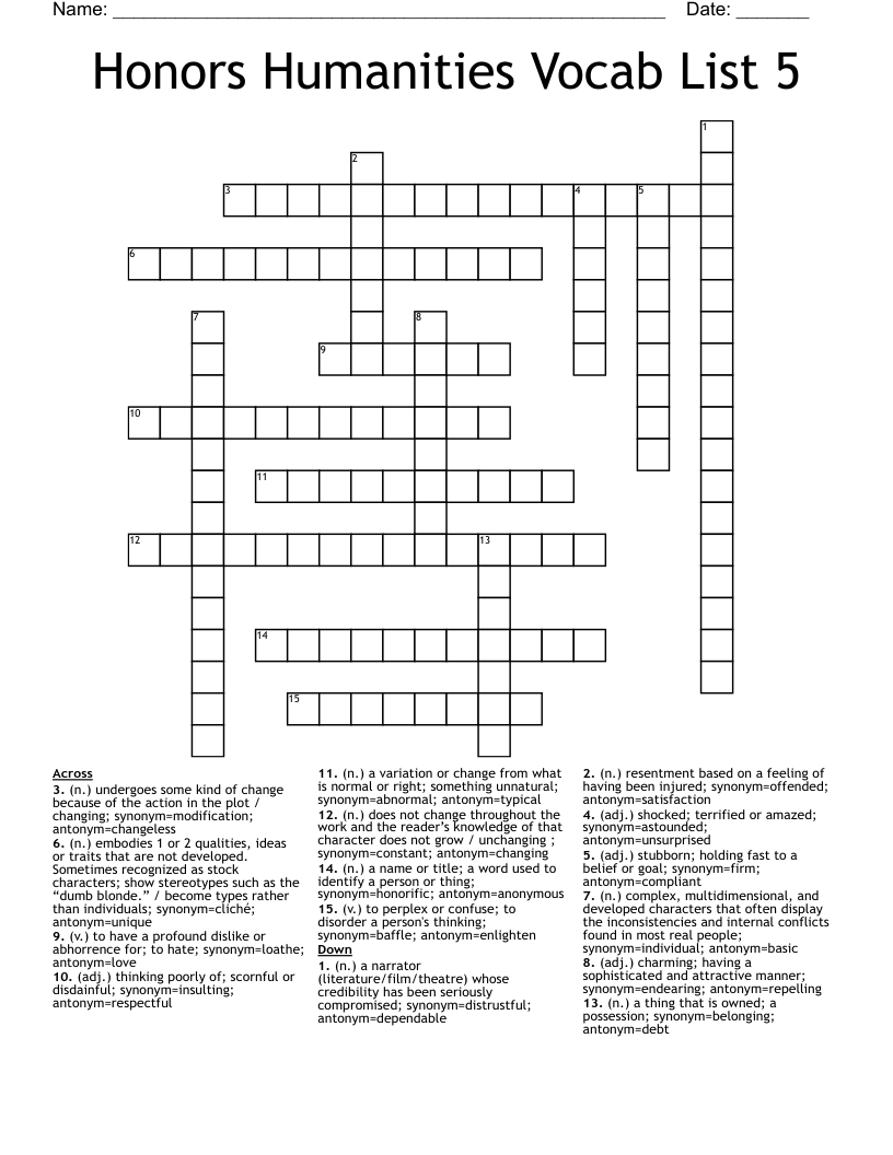 Honors Humanities Vocab List 5 Crossword