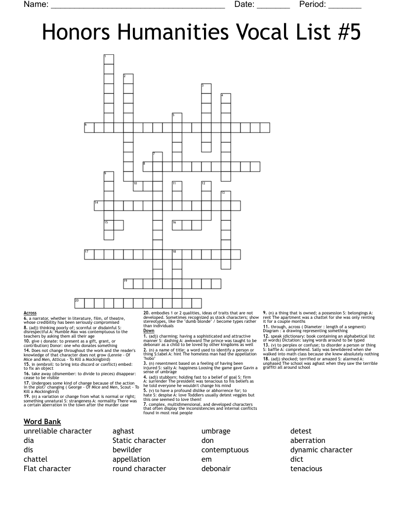 Honors Humanities Vocal List #5 Crossword