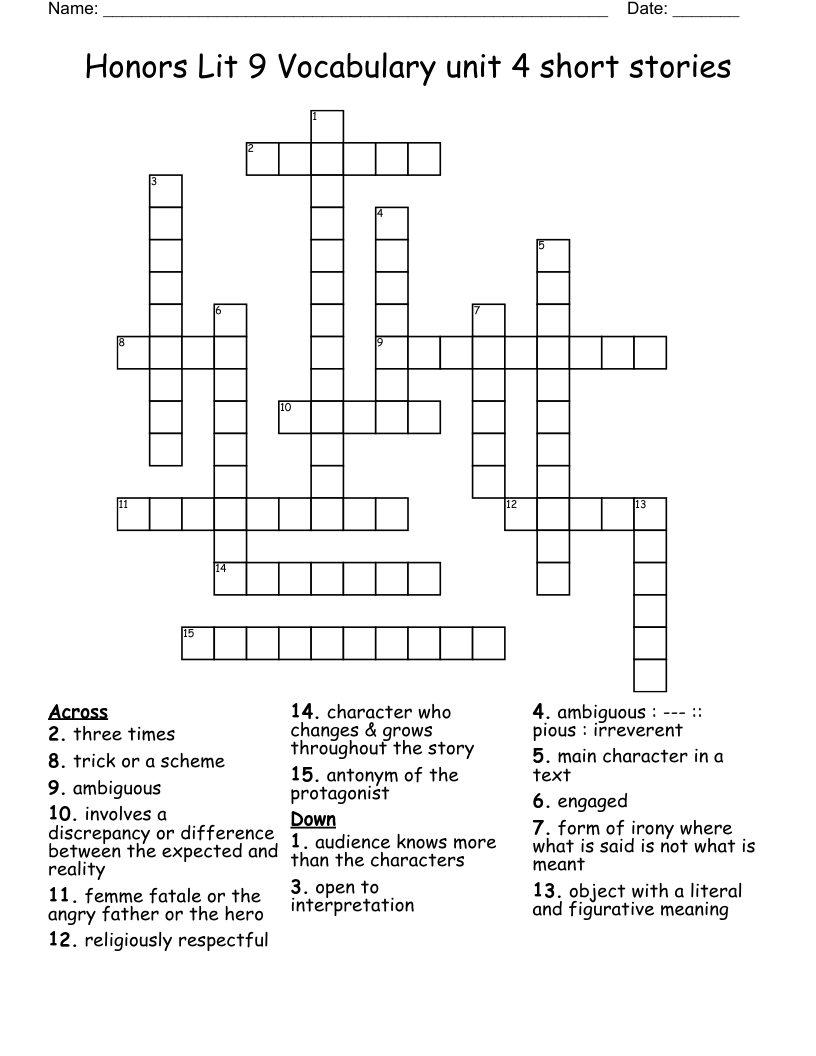 Honors Lit 9 Vocabulary unit 4 short stories Crossword