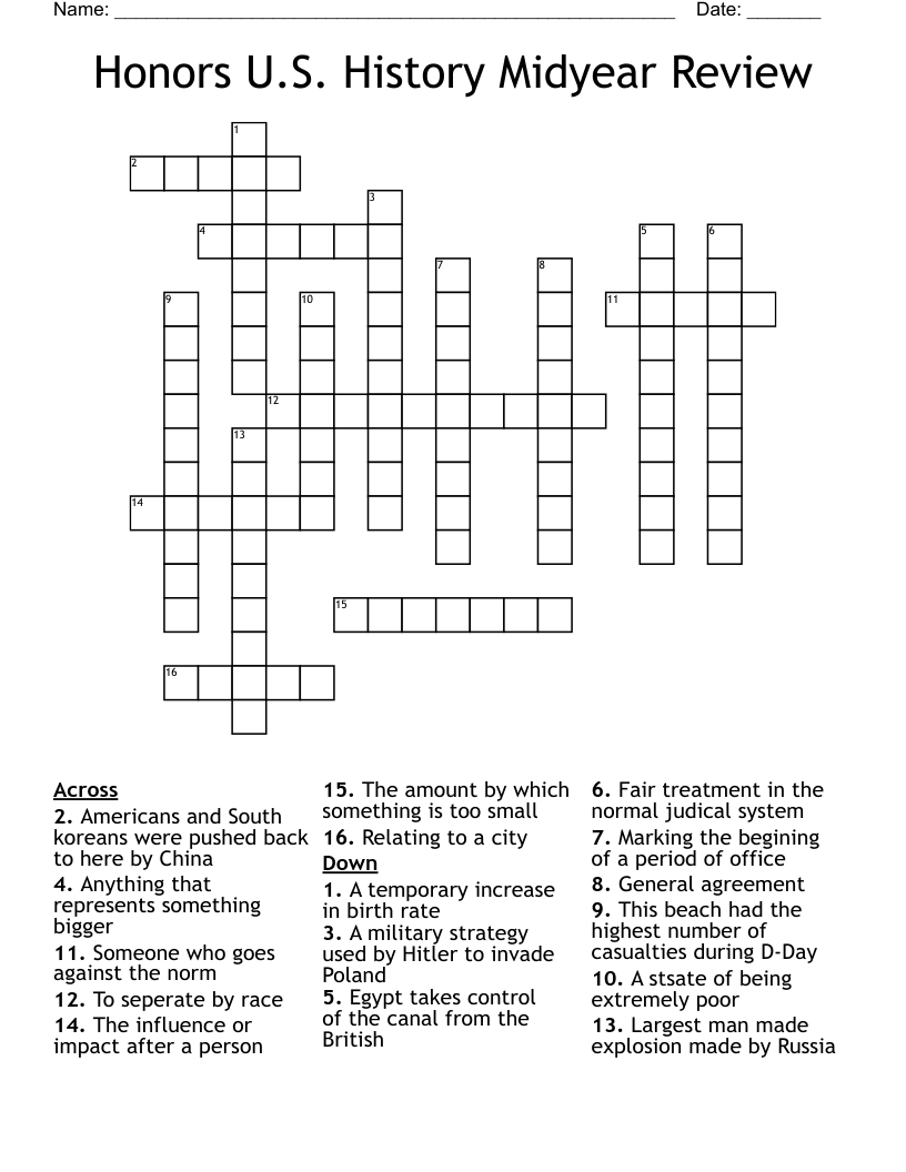 Honors U.S. History Midyear Review Crossword