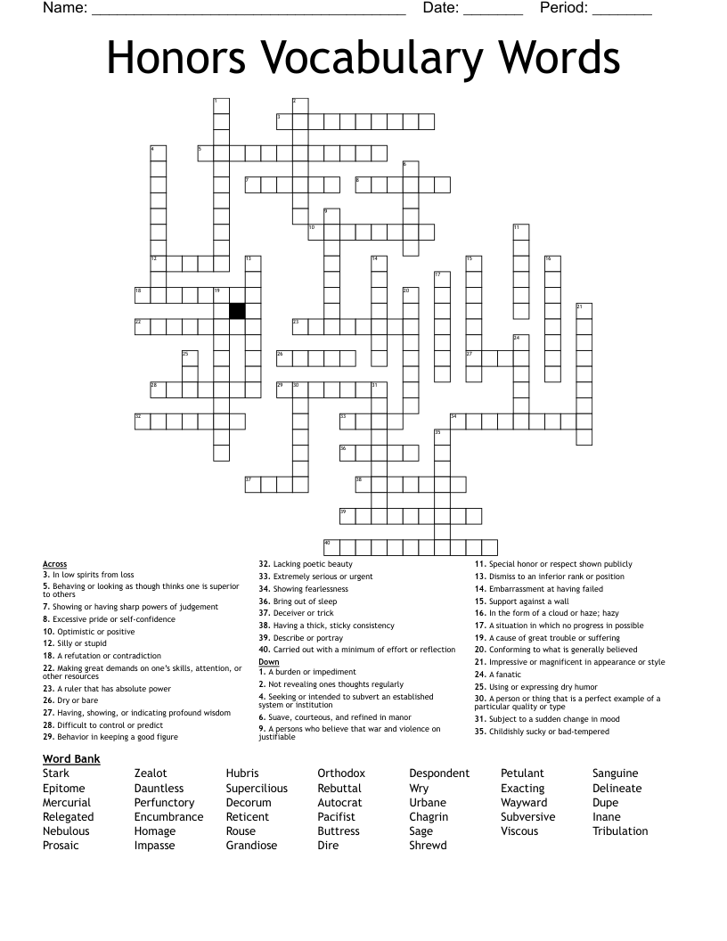Honors Vocabulary Words  Crossword