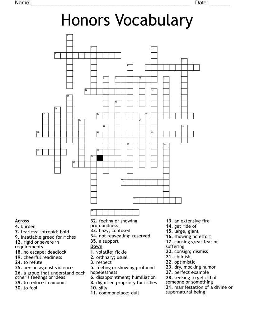 Honors Vocabulary  Crossword