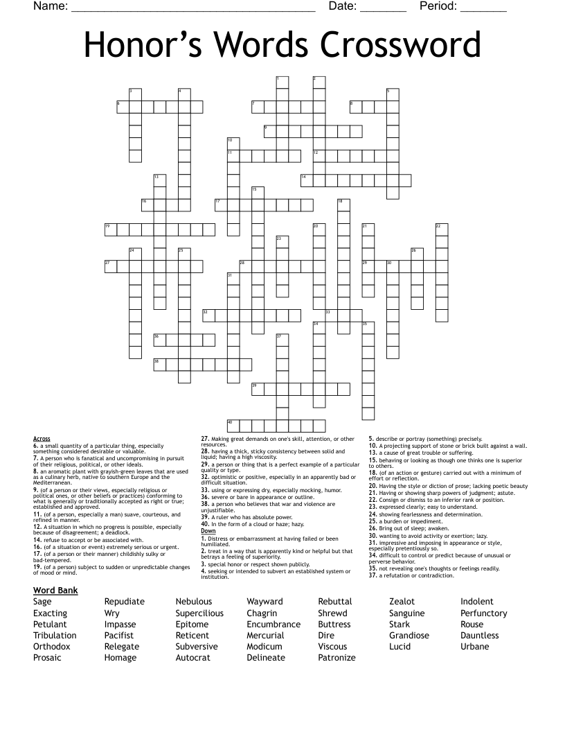 Honor’s Words Crossword