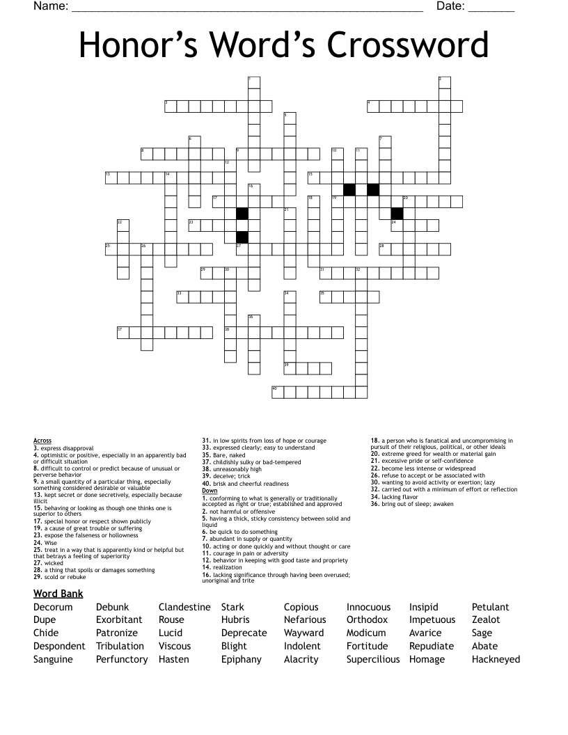 Honor’s Word’s Crossword 