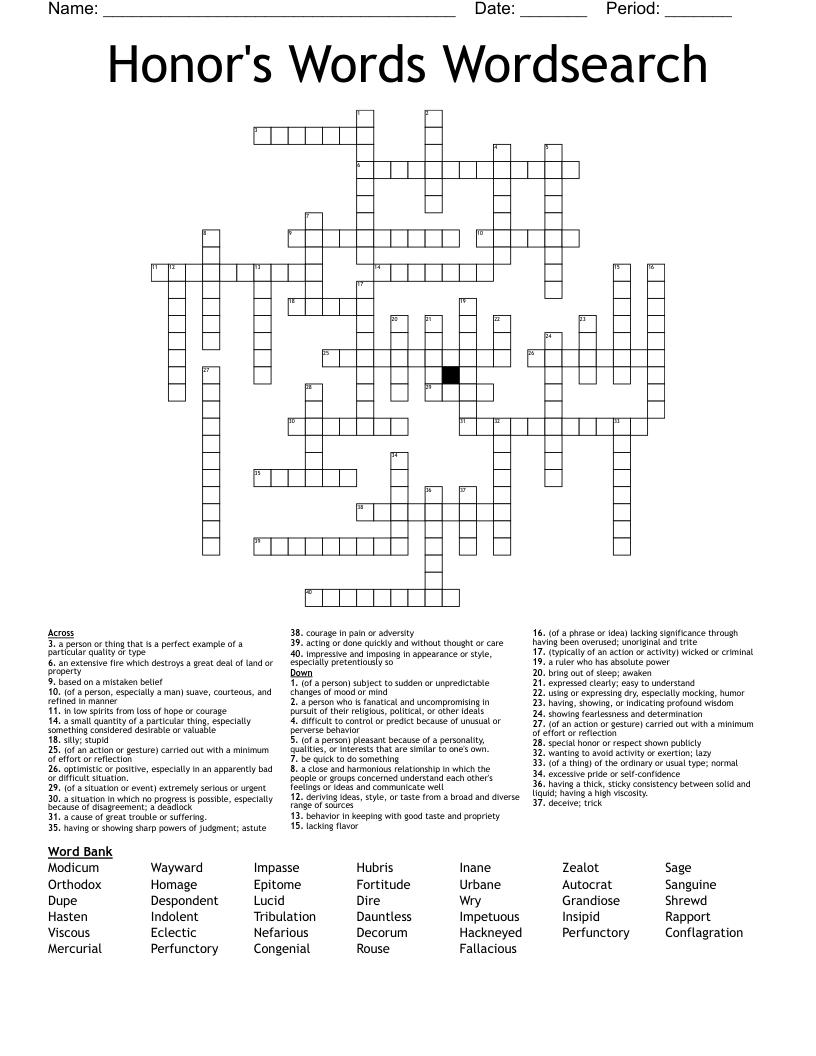 Honor's Words Wordsearch Crossword