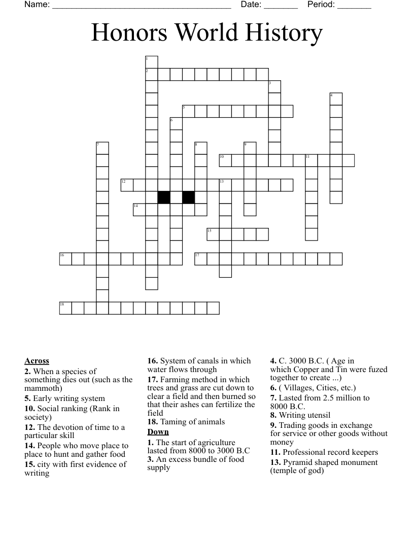 Honors World History  Crossword
