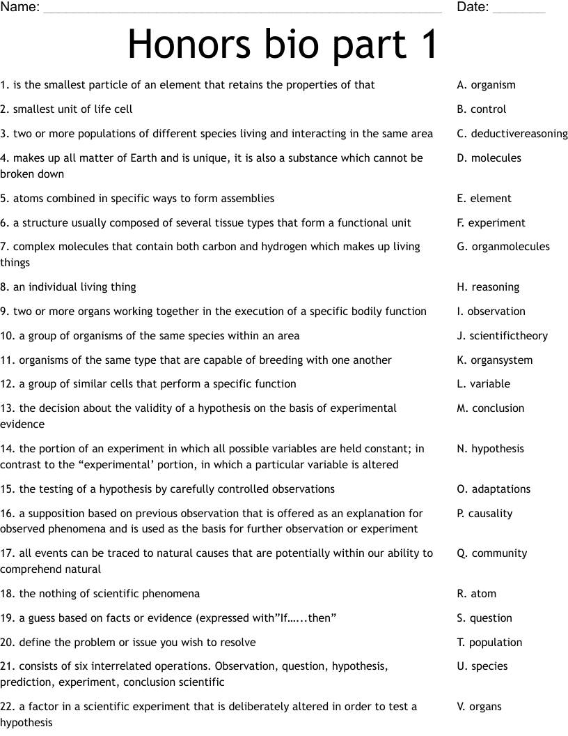 Honors bio part 1 Worksheet