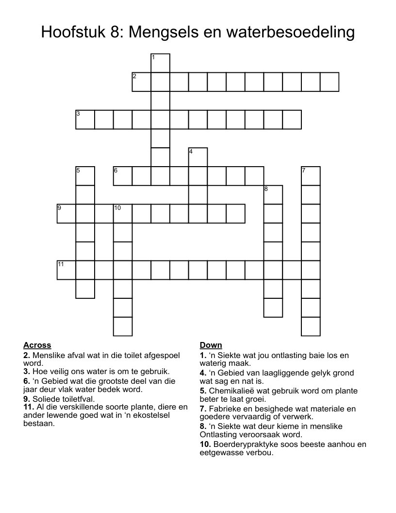 Hoofstuk 8: Mengsels en waterbesoedeling Crossword