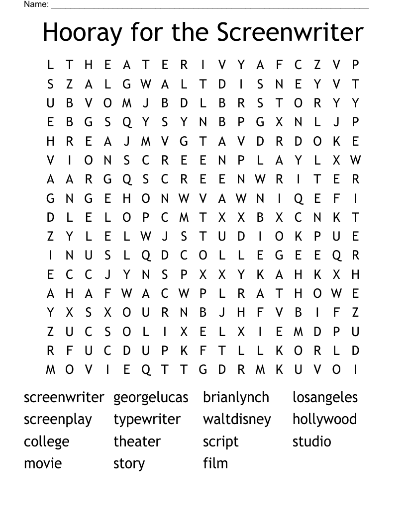 Hooray for the Screenwriter Word Search