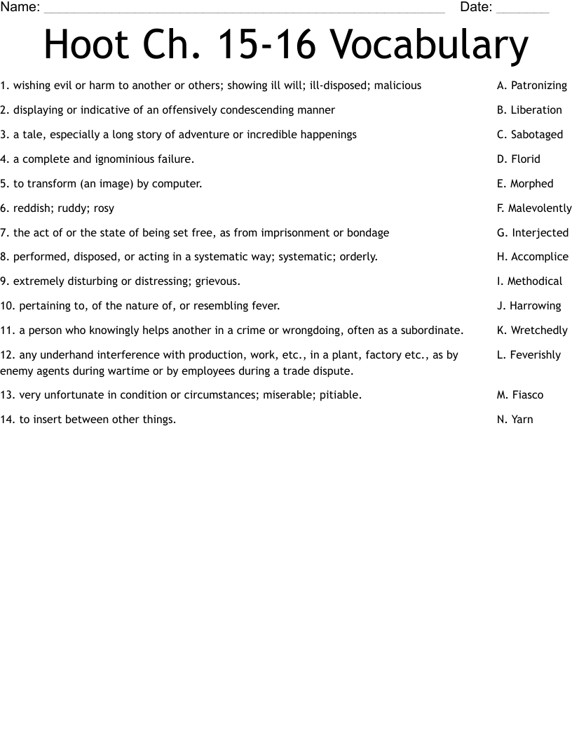 Hoot Ch. 15-16 Vocabulary Worksheet