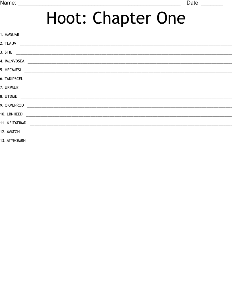 Hoot: Chapter One Word Scramble