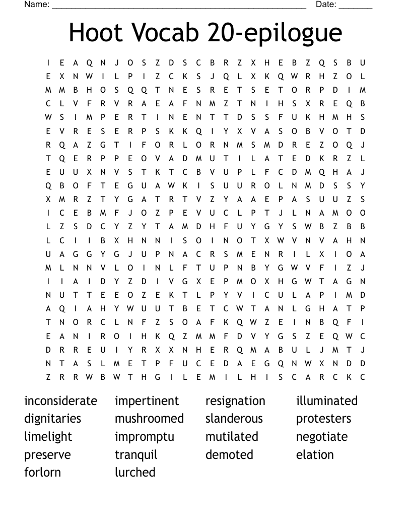 Hoot Vocab 20-epilogue Word Search