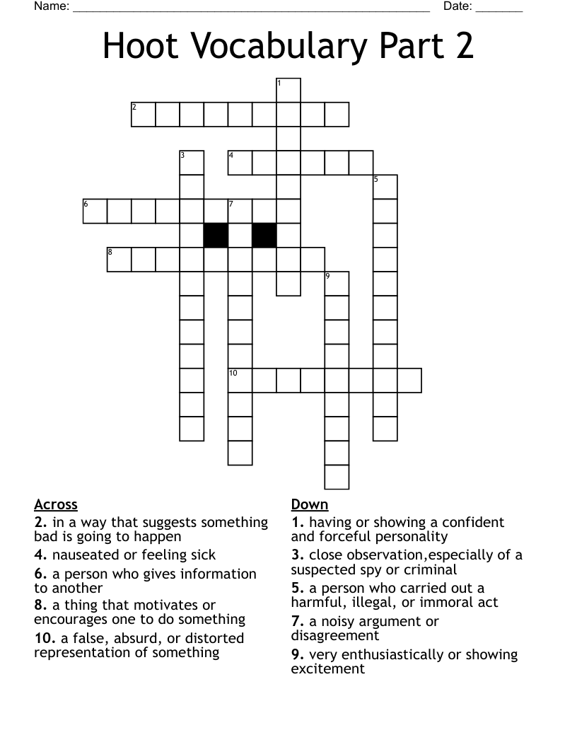 Hoot Vocabulary Part 2 Crossword