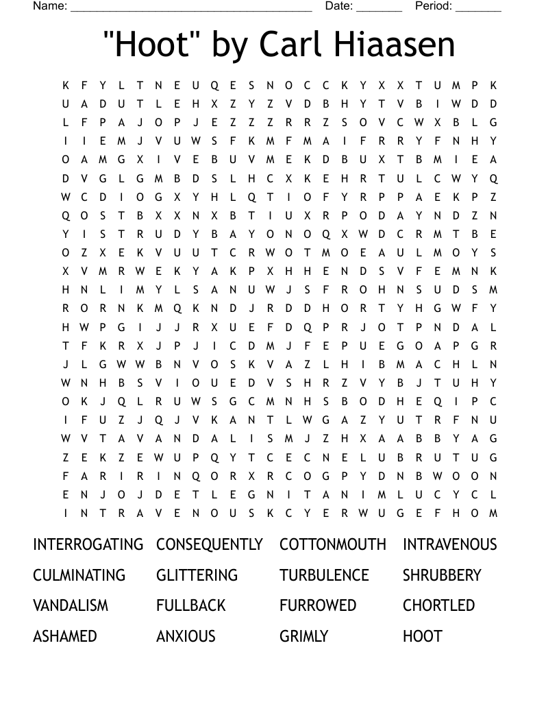 "Hoot" by Carl Hiaasen Word Search