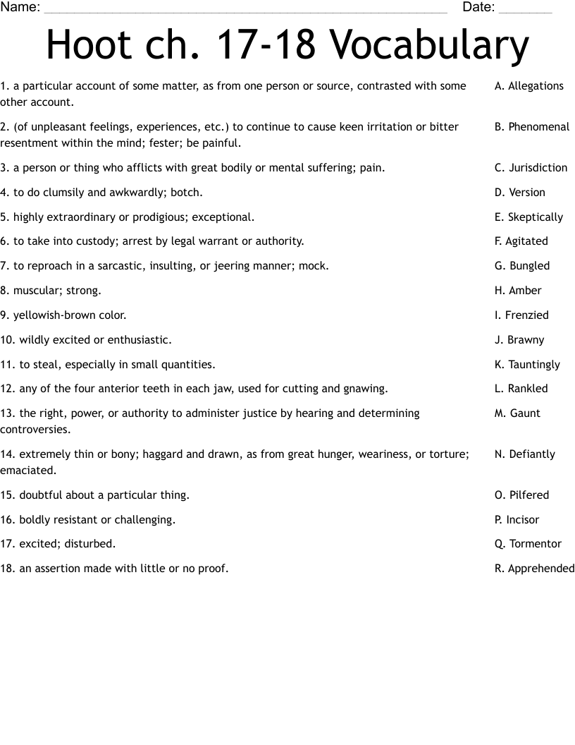 Hoot ch. 17-18 Vocabulary Worksheet