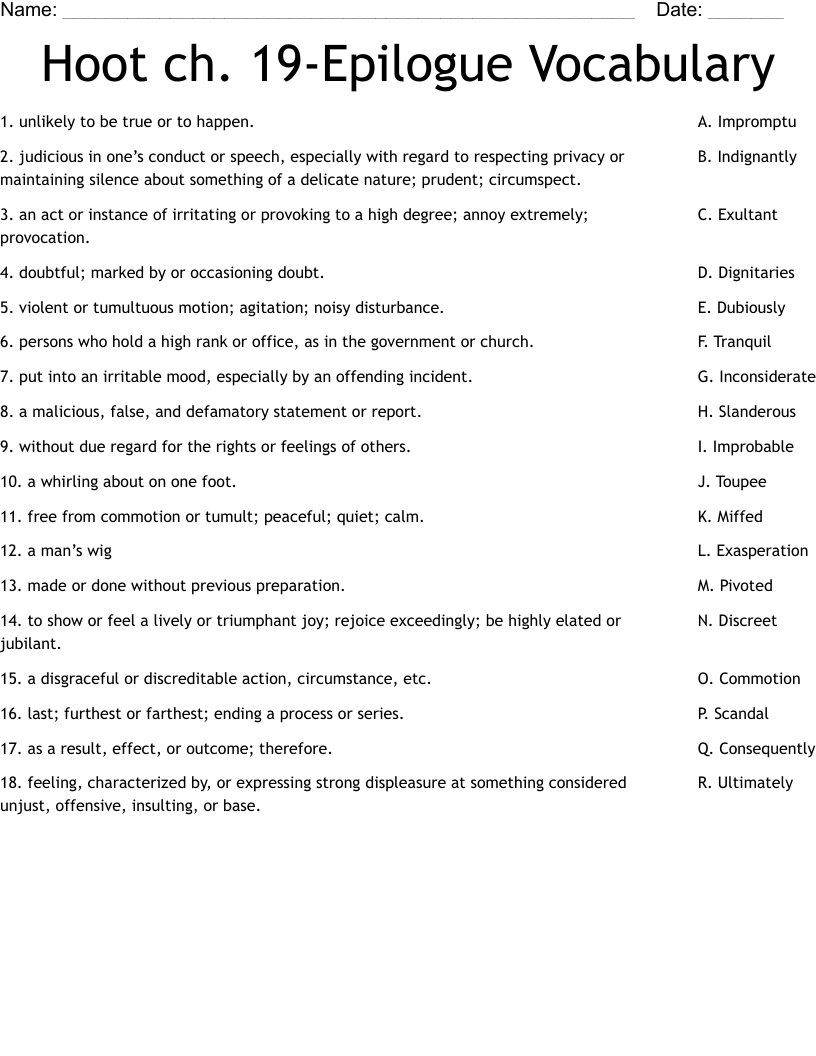 Hoot ch. 19-Epilogue Vocabulary Worksheet