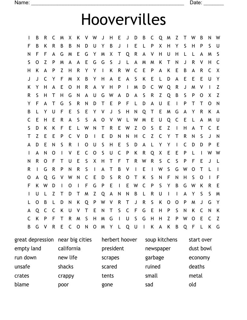 Hoovervilles Word Search