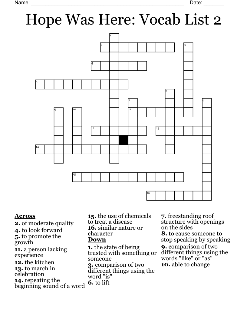 Hope Was Here: Vocab List 2 Crossword