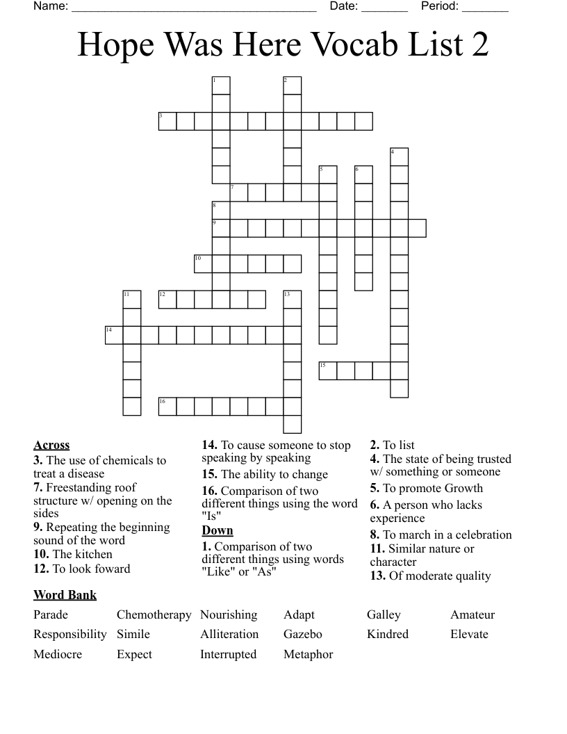 Hope Was Here Vocab List 2 Crossword
