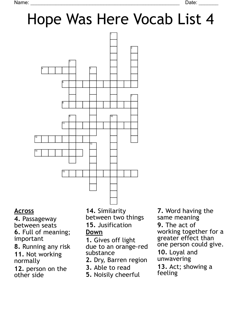 Hope Was Here Vocab List 4  Crossword